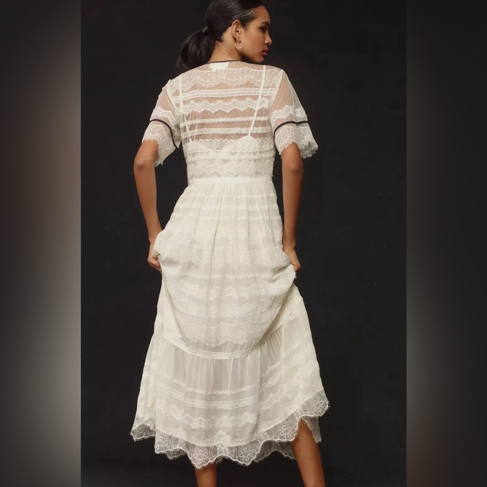 Anthropologie Short-Sleeve Button-Front Lace Midi Dress - Picture 2 of 9
